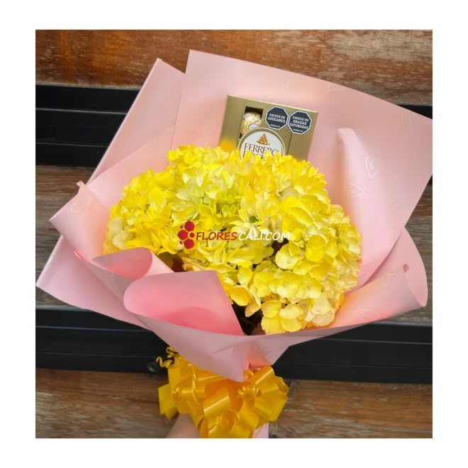 Bouquet hortensias y chocolates dia de las flores amarillas cali