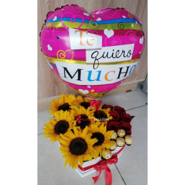 Corazon girasoles, rosas y chocolates floristeria en cali 