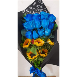 Bouquet rosas azules y girasoles en cali