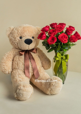 Jarron de rosas y peluche dia de la madre floristeria en cali