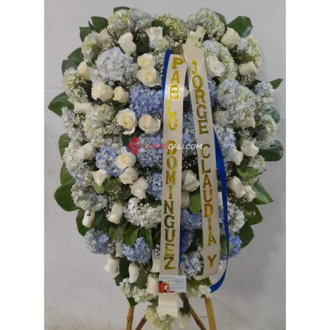 Corona fùnebre de rosas y hortensias, arreglos condolencias