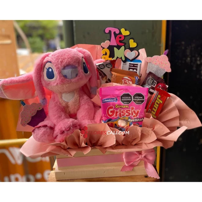 Ancheta de dulces con peluche especial flores cali 